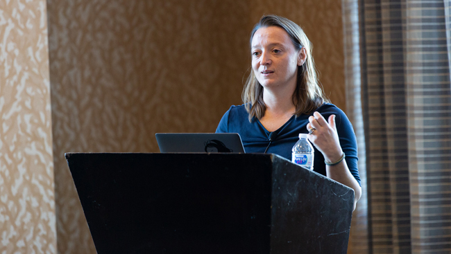 Camilla Bellone speaks during a Meet-the-Expert session at Neuroscience 2018