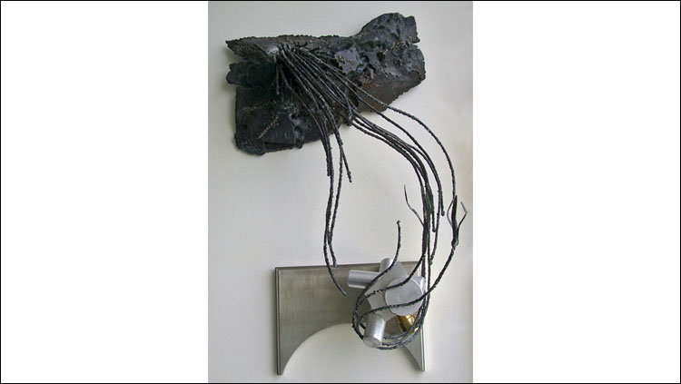 Peter Dallos, Struggle No. 18. Acid Rain. 2006. Welded steel and machined aluminum and brass. Wall-hanging in two parts. (21x12x10).