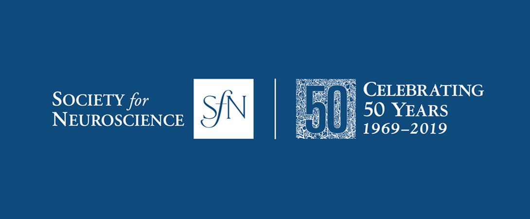 SfN 50 year anniversary logo with white text on a blue background stating: "Society for Neuroscience: Celebrating 50 Years"