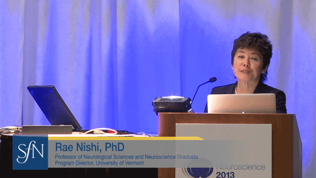 Rai Nishi at a podium speaking about increasing diversity in a neuroscience program.