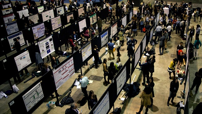 Male and female neuroscientists present their research findings at a conference. 