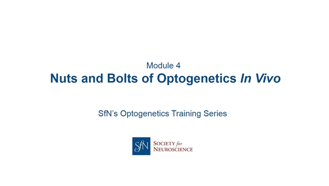 Nuts and Bolts of Optogenetics In Vivo title slide.