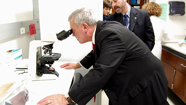 A congressional representative looks through a microscope while touring a lab. 