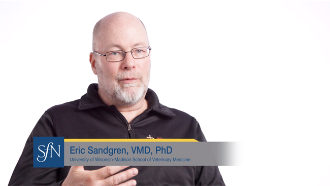 Eric Sandgren discusses raising awareness of care regulations in animal research with an interviewer (off camera).