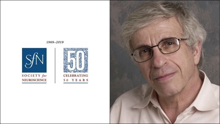 Left: SfN 50th anniversary logo. Right: Headshot of Mickey Goldberg.