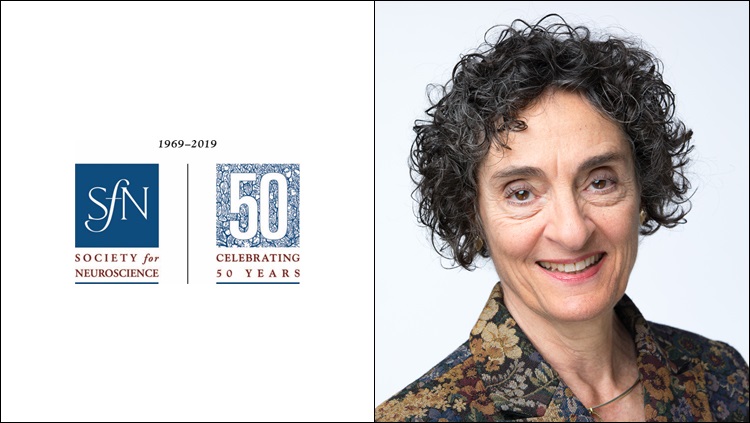 Headshot of Carla Shatz next to the SfN 50th anniversary logo 