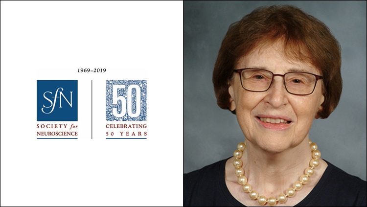 Headshot of Bernice Grafstein next to the SfN 50th anniversary logo