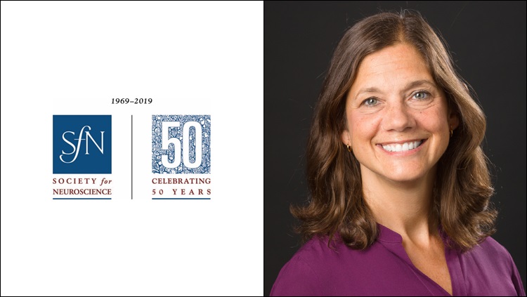 Headshot of Marina Picciotto next to the 50th anniversary SfN logo