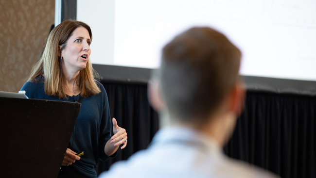Linda Overstreet-Wadiche talks during a Meet-the-Expert session at Neuroscience 2018.