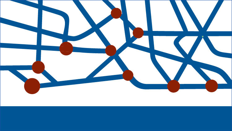 a white background with blue lines and red dots on it