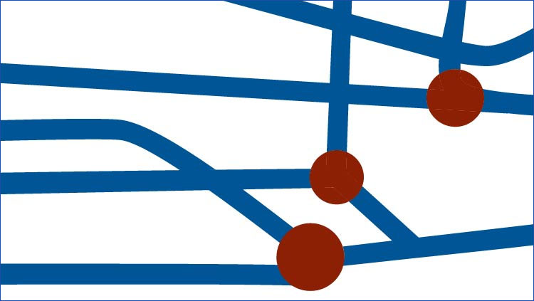 a white background with blue lines and red dots.