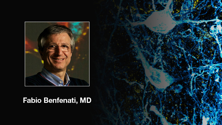 Headshot of Fabio Benfenati over a scientific image