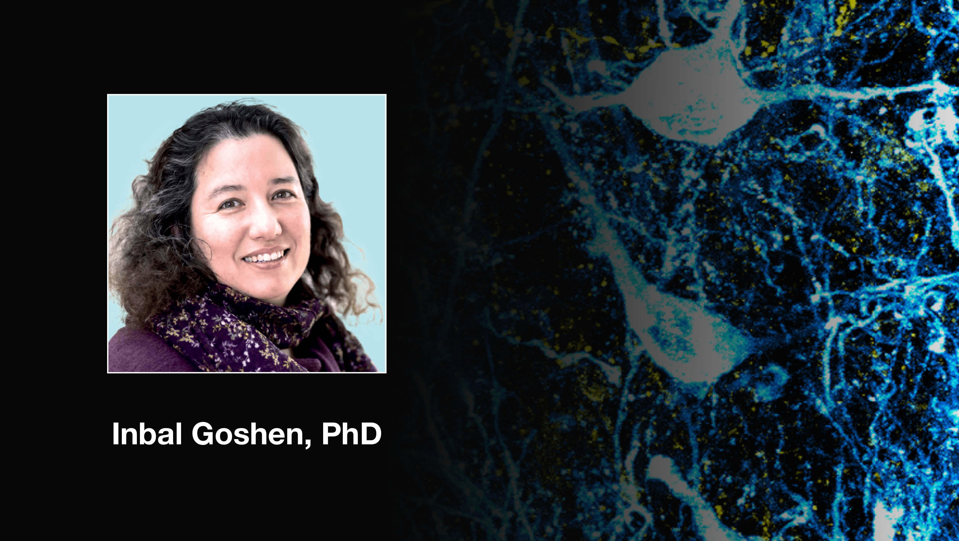 Headshot of Inbal Goshen over a scientific image