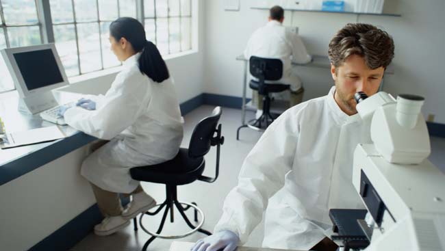 Three scientists conduct experiments in a lab. 